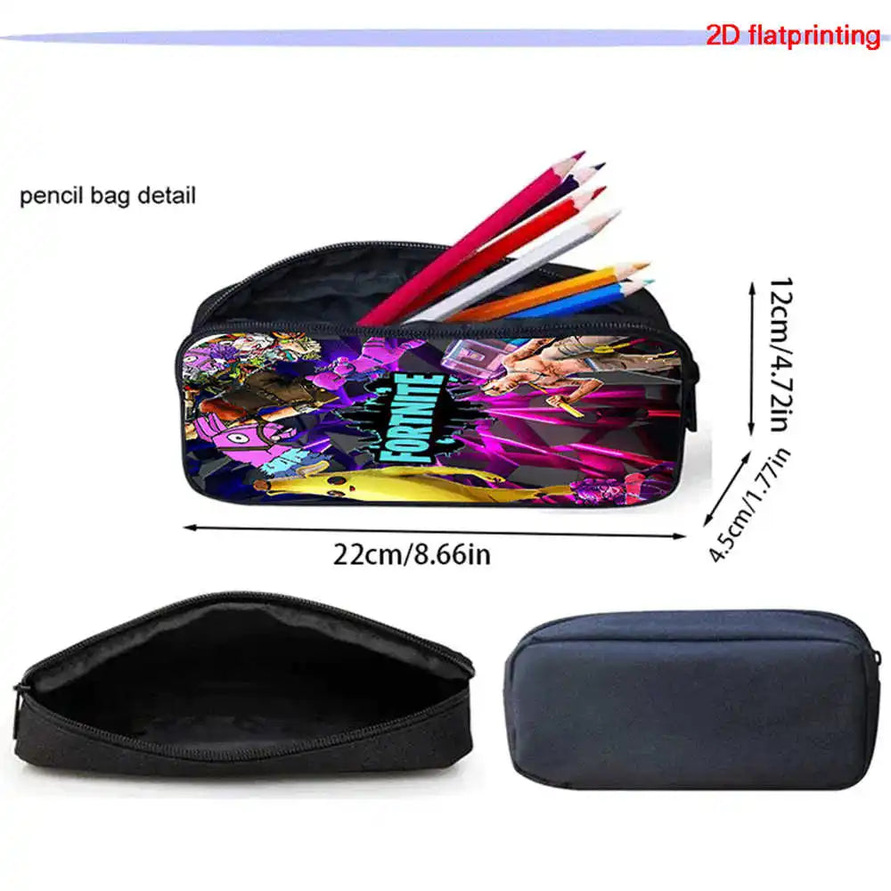 Fortnite Cartoon 2-Piece Set Backpack with Front Pocket Pencil Case Unisex Large Capacity School Bag Ages 5-8
