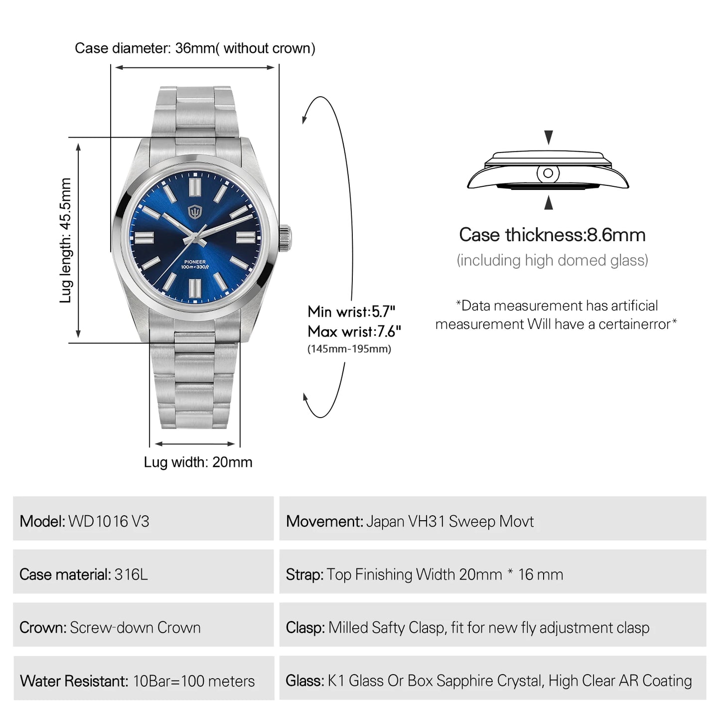 Watchdives WD1016 V3 Quartz Watch 37mm Stainless Steel Case Sapphire Vintage Watch  VH31 Sweep Movemet 100m Waterproof Men Watch