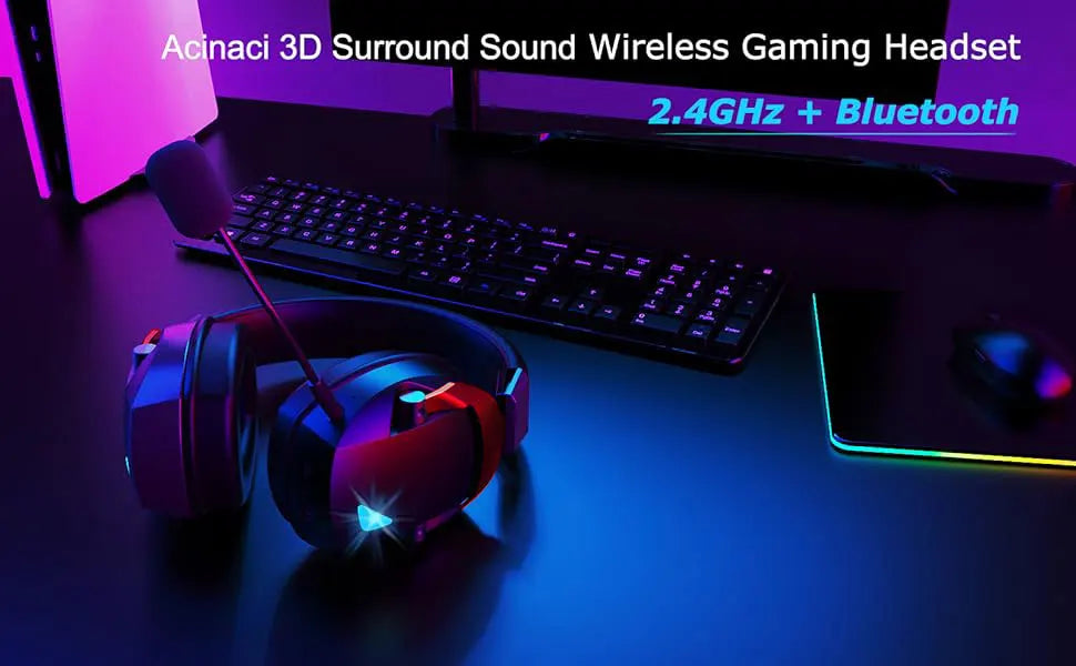 Auscultadores Gaming Sem Fios com Microfone Amovível com Cancelamento de Ruído – Sem Fios 2.4G, Bluetooth 5.3 e Auscultadores Gaming com Fio 3.5mm para PS5, PC, Xbox e Telemóvel