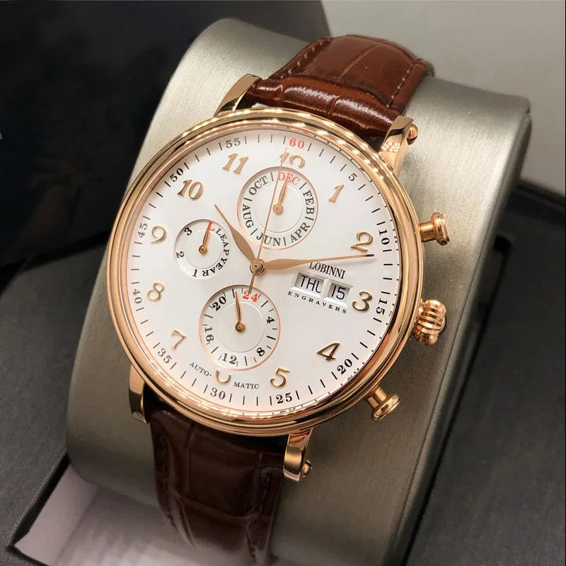 Reloj de lujo suizo LOBINNI para hombre, mecánico automático con calendario perpetuo, cristal de zafiro y multifunción L13019-8