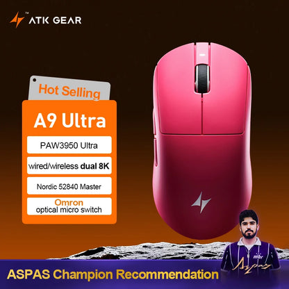 Ratón gaming inalámbrico ATK Dragonfly A9 Ultra PAW3950, ultraligero, trimodo, ergonómico, para esports y jugadores FPS, A9 SE Plus