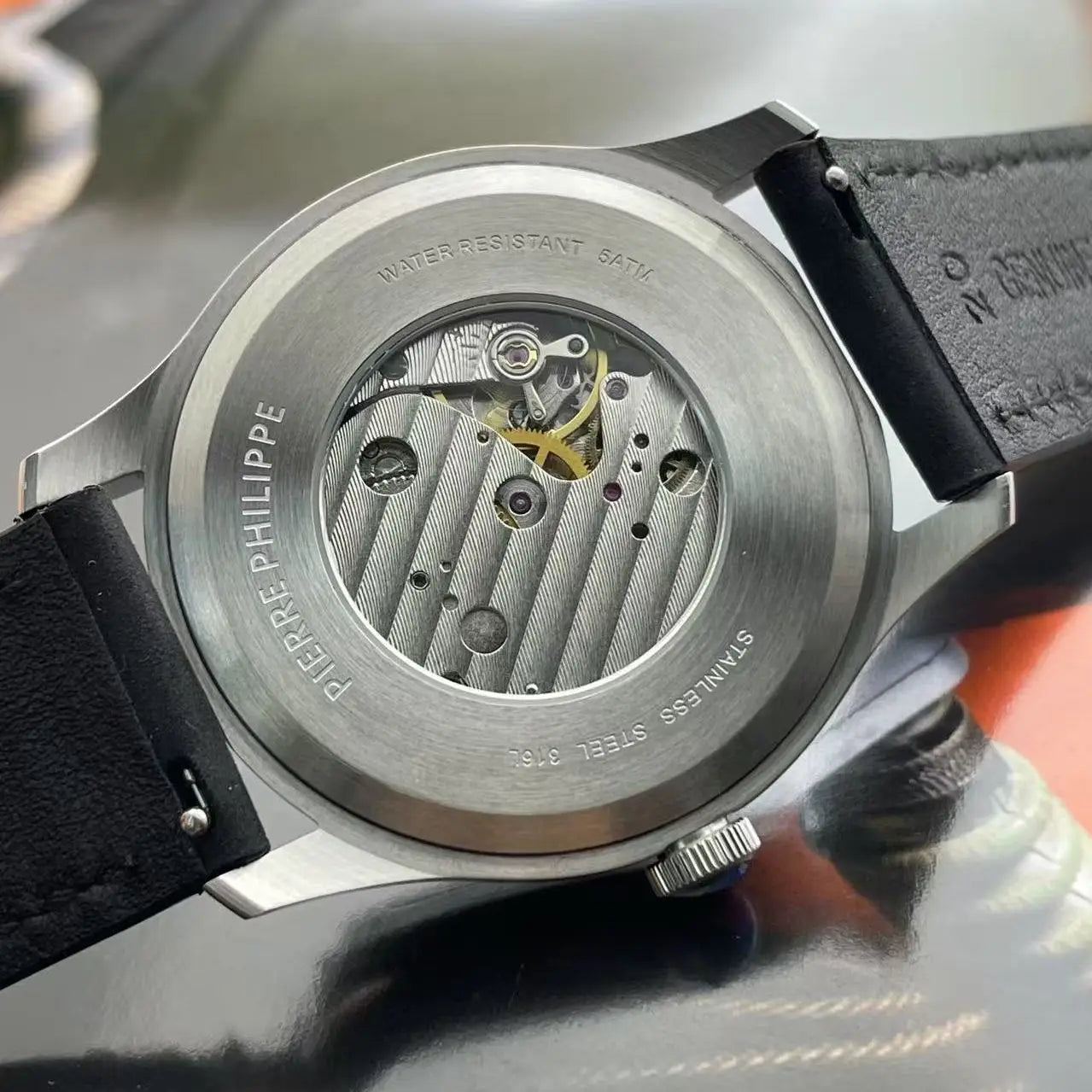High-end men's 38MM watch black enamel dial ST17 manual mechanical watch leather waterproof