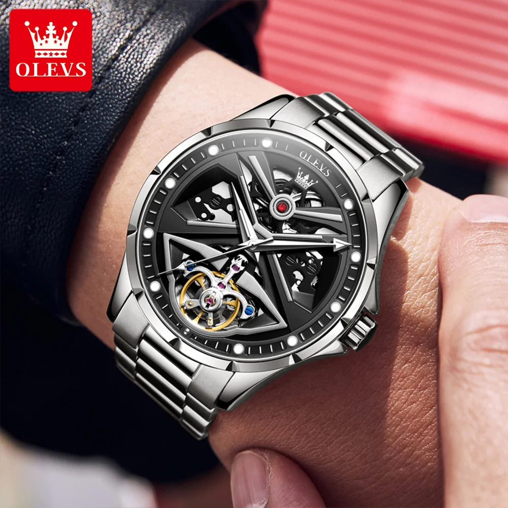 OLEVS 6655 herenhorloge, volledig automatisch skeletmodel; luxe mechanisch polshorloge, verlicht en waterdicht.