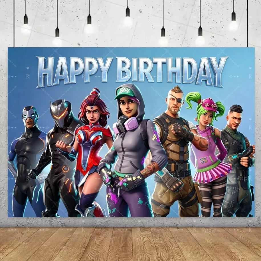 Fundo decorativo de aniversário com tema Fortnite — banner gamer Fortnite para meninos e meninas, pano de fundo para fotografia e presente para crianças