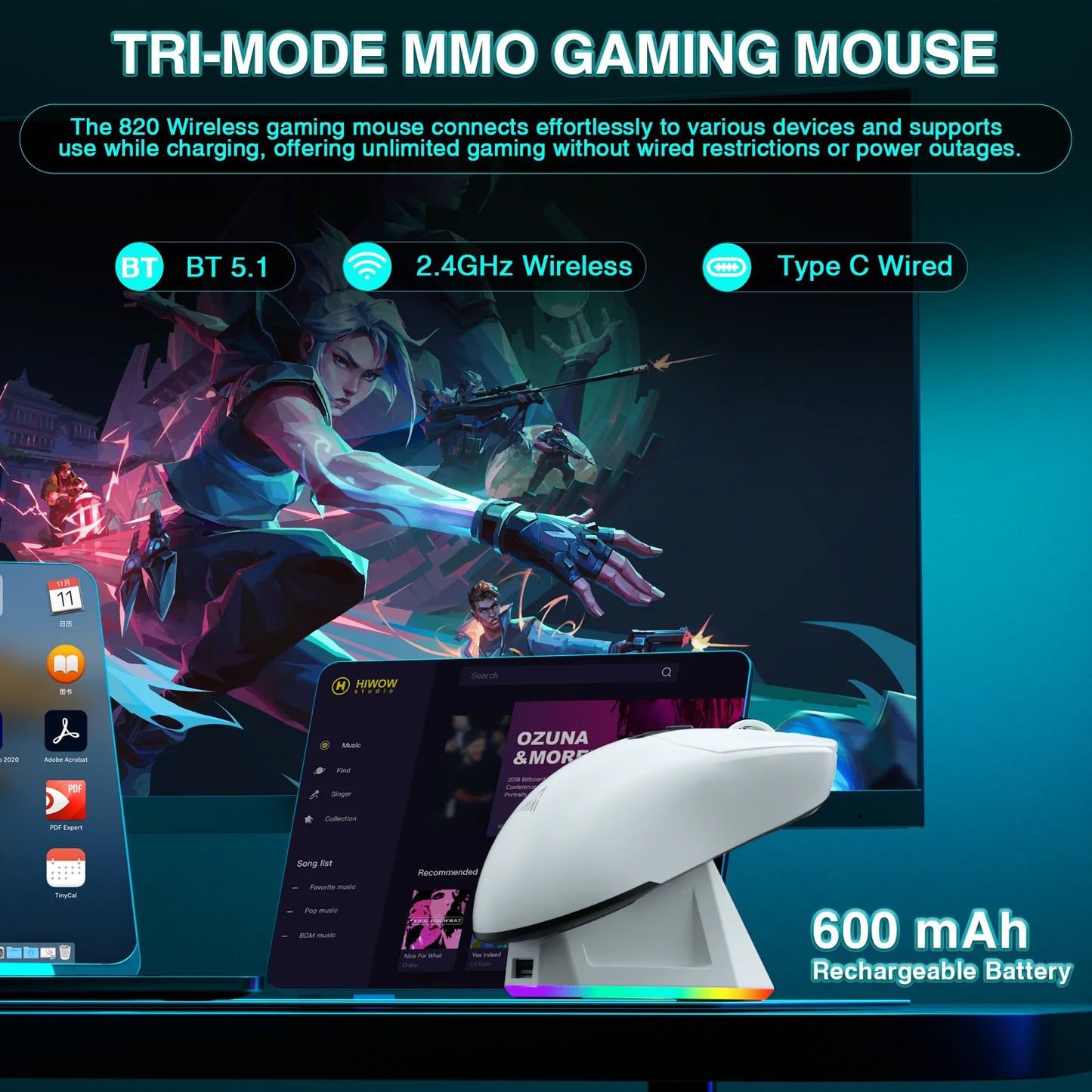 Mouse wireless tri-mode SOLAKAKA SM820 con dock di ricarica magnetico, RGB, PAW3311, 24000DPI, macro gaming, ultraleggero