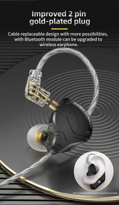 Auscultadores In-Ear com Fio KZ ZS10 Pro X, HiFi, Graves de Monitorização, Cabo Amovível e Microfone