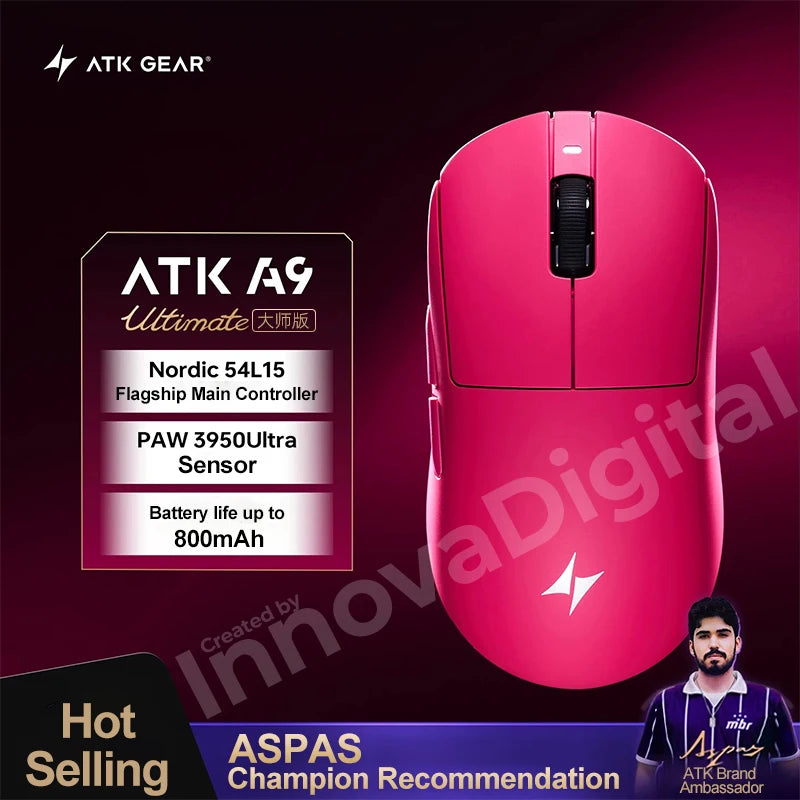ATK Dragonfly A9 Ultimate vezeték nélküli gaming egér A9 Air PAW3950, ultrakönnyű ergonomikus e-sport gamer FPS egér CSGO-hoz A9 Ultra