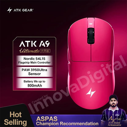 ATK Dragonfly A9 Ultimate vezeték nélküli gaming egér A9 Air PAW3950, ultrakönnyű ergonomikus e-sport gamer FPS egér CSGO-hoz A9 Ultra