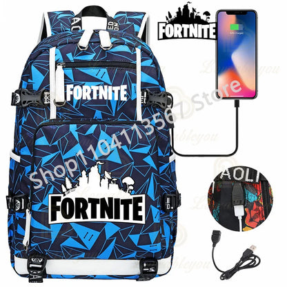 Mochila Red Jade F-Fortnited Battle Royale com carregamento USB, figuras anime e compartimento para material escolar para estudantes