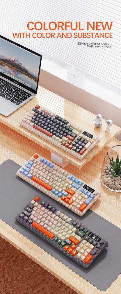 M96 Bluetooth Wireless Keyboard FREEWOLF Digital Display, RGB Backlight, 2000mAh Battery & PBT Keycaps for PC/Laptop