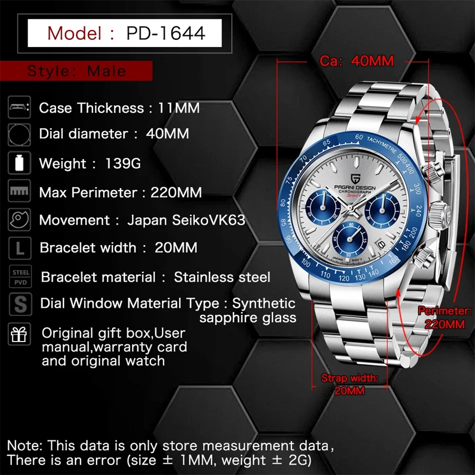 Novo PAGANI DESIGN PD1644 Relógio de Luxo para Homem em Quartzo com Data Automática, Cronógrafo Desportivo de Pulso, Impermeável 100m, Presente para Homem