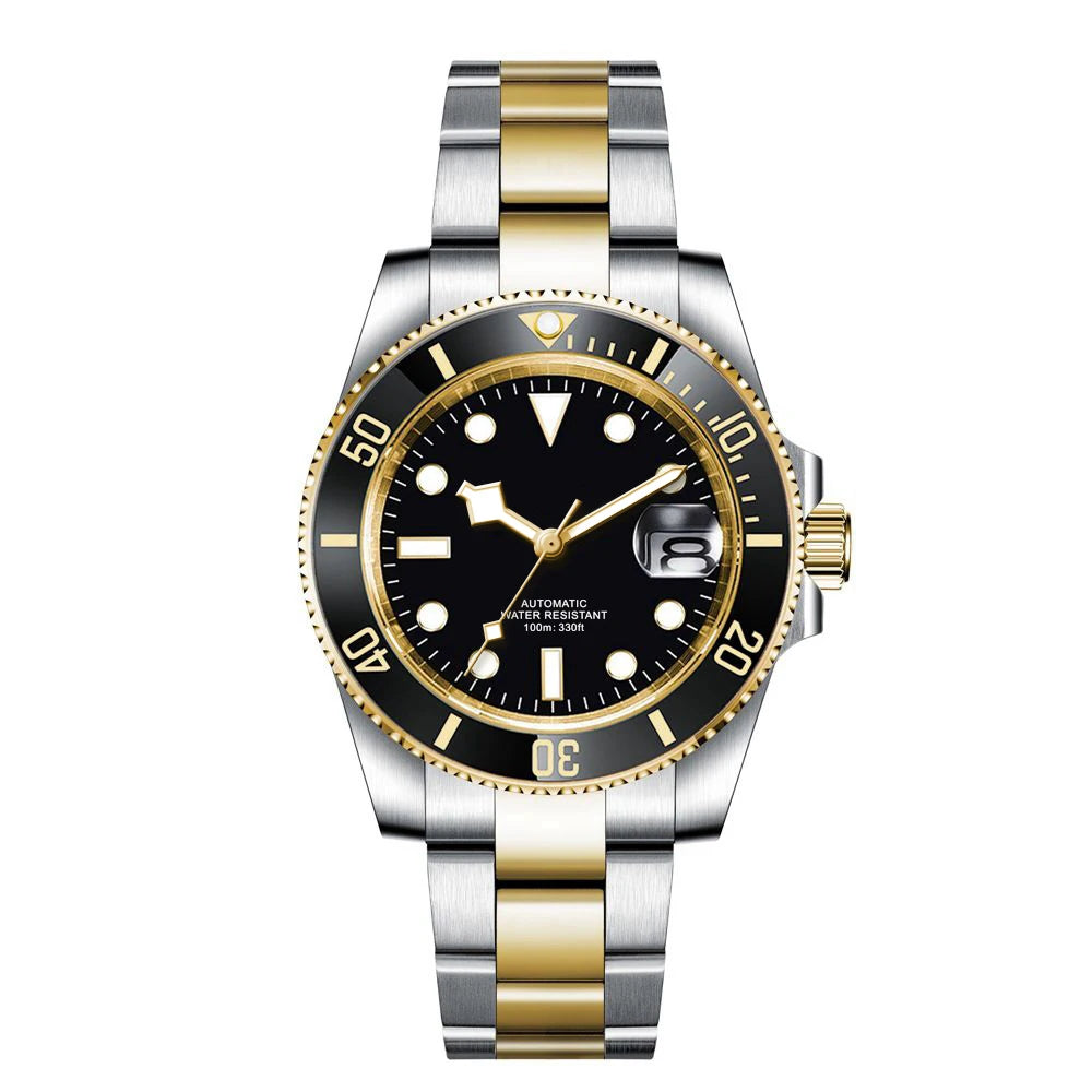 Custom logo NH35 MIYOTA 8215 Automatic Men Watch Luxury Diver Two Tone Gold 316L Stainless Steel Sapphire 10ATM Sterile  Sunburs