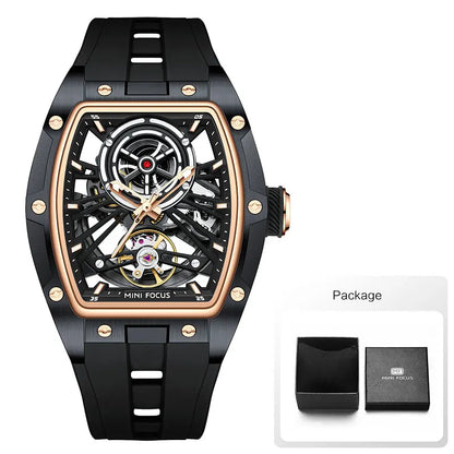 MINI FOCUS Men's Wristwatch Fashion Black Waterproof Automatic Mechanical Watch with Luminous Hands Silicone Strap Tonneau Dial
