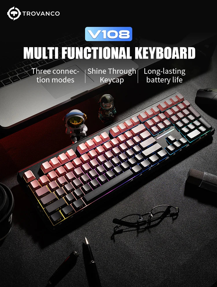 Tastiera Bluetooth V108 Pro Office a bassa rumorosità 2.4G cablata e wireless, layout completo con membrana retroilluminata RGB