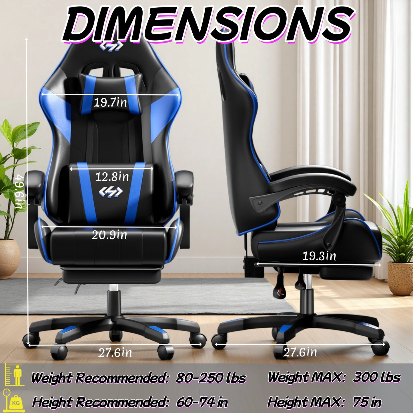 Cadeira gaming ergonómica, cadeira de escritório para computador com apoio para os pés e apoio de cabeça, cadeira de escritório para adulto com altura e encosto ajustáveis