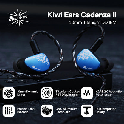 Auscultadores intra-auriculares HiFi Linsoul Kiwi Ears Cadenza II IEM com driver dinâmico de titânio de 10mm, KARS 2.0 e cabo amovível