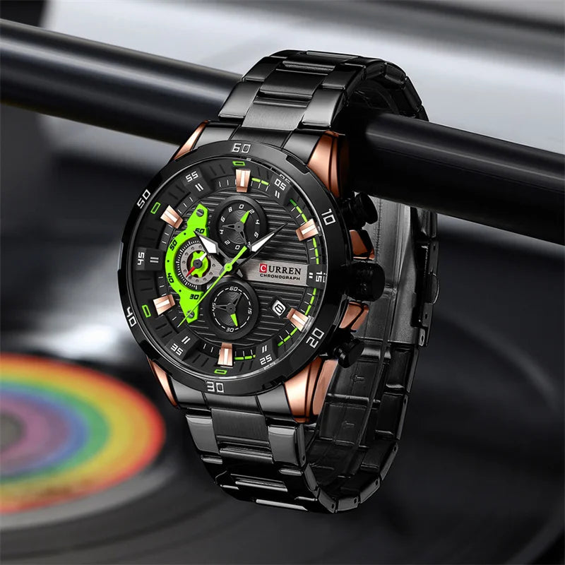 Montre homme de luxe CURREN 8402, neuve, en acier inoxydable, étanche, avec chronographe et éclairage nocturne.