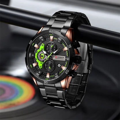 Montre homme de luxe CURREN 8402, neuve, en acier inoxydable, étanche, avec chronographe et éclairage nocturne.