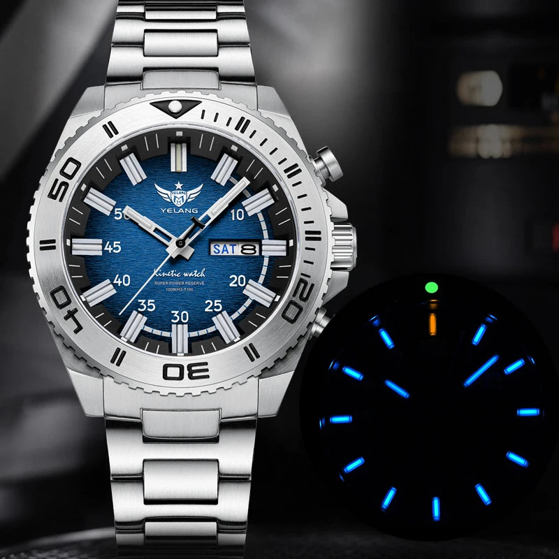 Yelang Watches V1035 44mm Men's Diving Watch Human Kinetic Energy Watch 100m Waterproof Watches Luminous Japan PX83 Sapphire