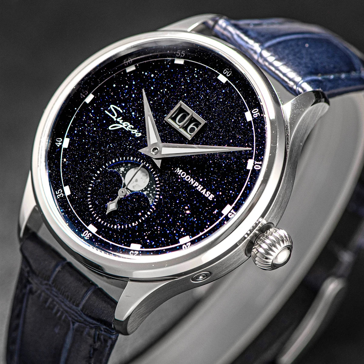 Sugess Moonphase Watch of Men 40mm Automatic Mechanical Wristwatches Seagul ST2528 Movement Stainless Steel Blue Sandstone Dial