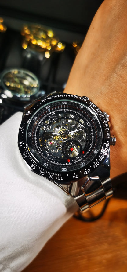 WINNER automatisch herenhorloge – Transparant skeletmodel, lichtgevende wijzers, roestvrijstalen band, mechanisch horloge van een luxemerk