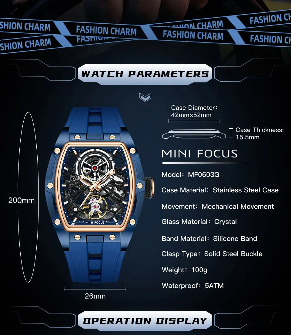 MINI FOCUS Men's Wristwatch Fashion Black Waterproof Automatic Mechanical Watch with Luminous Hands Silicone Strap Tonneau Dial