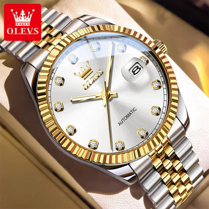 OLEVS New Automatic Watches Man Original Luxury Diamond Dial Stainless Steel Waterproof Auto Date Mechanical Watch for Men 6743