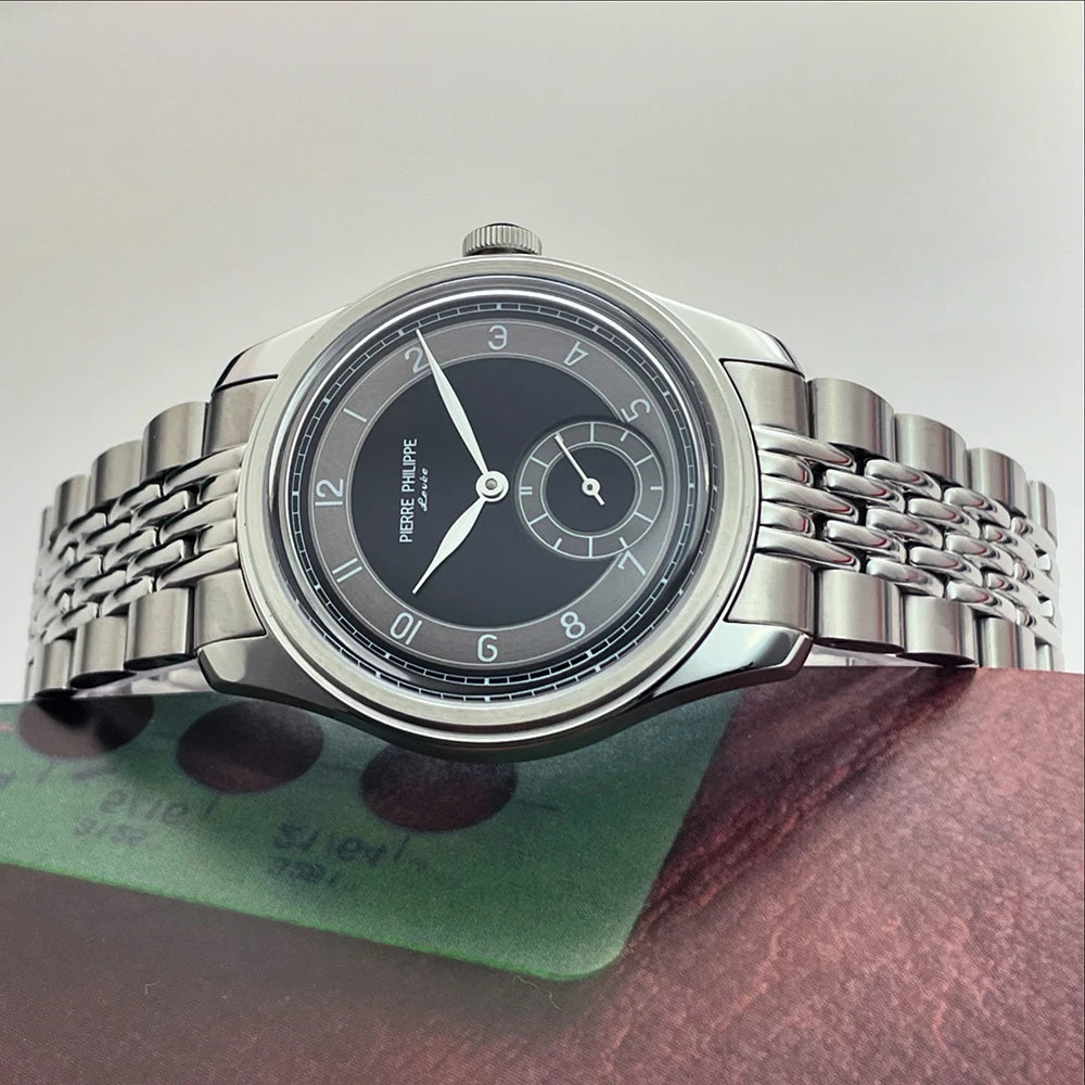 High-end men's 38MM watch black enamel dial ST17 manual mechanical watch leather waterproof