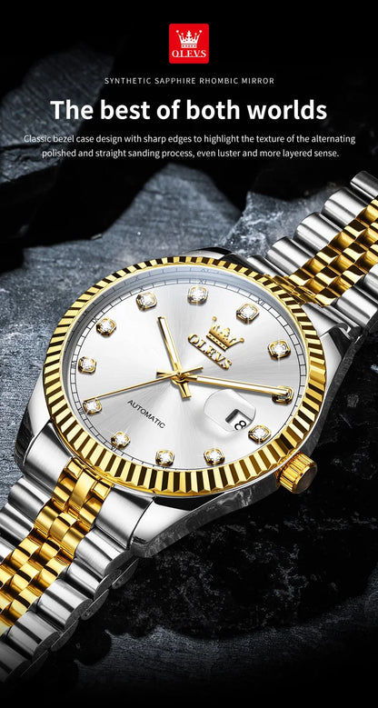 OLEVS New Automatic Watches Man Original Luxury Diamond Dial Stainless Steel Waterproof Auto Date Mechanical Watch for Men 6743
