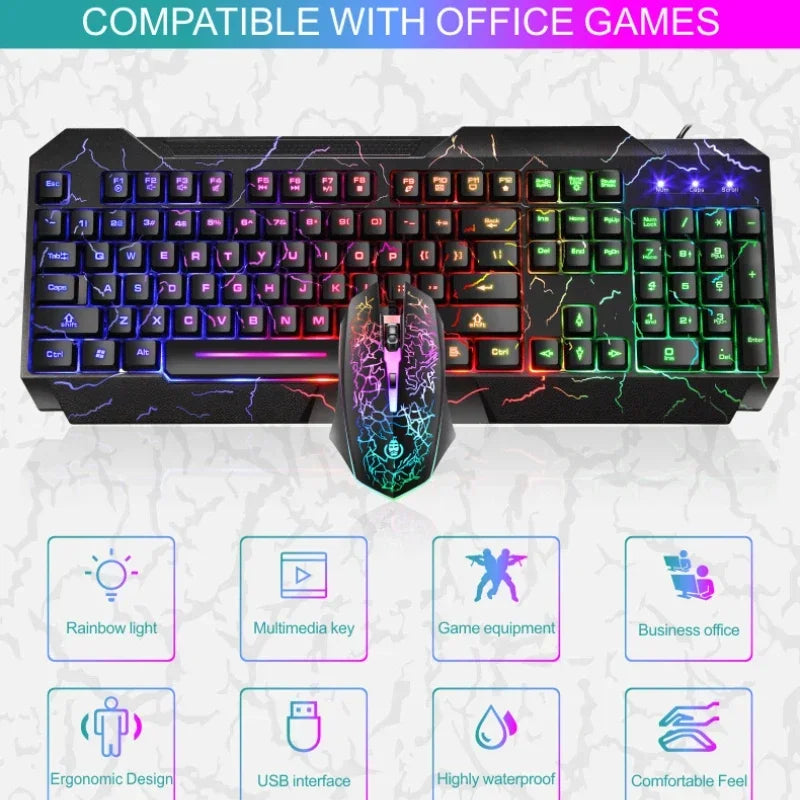 Combo de teclado y ratón gaming con cable para ordenador de sobremesa, teclado retroiluminado con luz LED y sensación mecánica