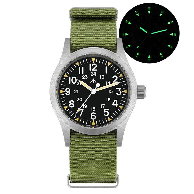 Militado ML05 38mm Military Watch Miyota 2035 Movement Domed Sapphire Crystal C3 Green Luminous 10Bar Waterproof Vintage Watches