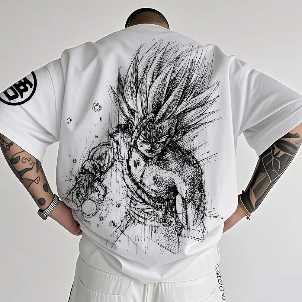 T-shirt da uomo Dragon Ball Animation estiva, nuova stampa fronte-retro, vestibilità ampia casual Harajuku, maniche corte trendy, top coordinato genitore-figlio