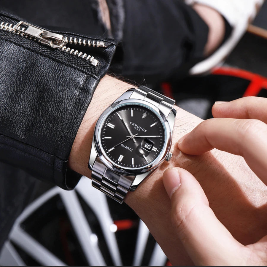 Ceas de mână pentru bărbați CHRONOS – Marcă de lux, rezistent la apă, luminat, cu afișaj al datei, din oțel inoxidabil, cu mecanism cu cuarț.