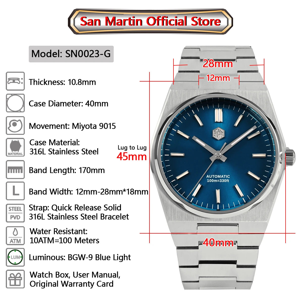 San Martin Classic Men Watch 40mm Miyota 9015 Luxury Dress Automatic Mechanical Wristwatch Quick Release Bracelet SN0023 Watch