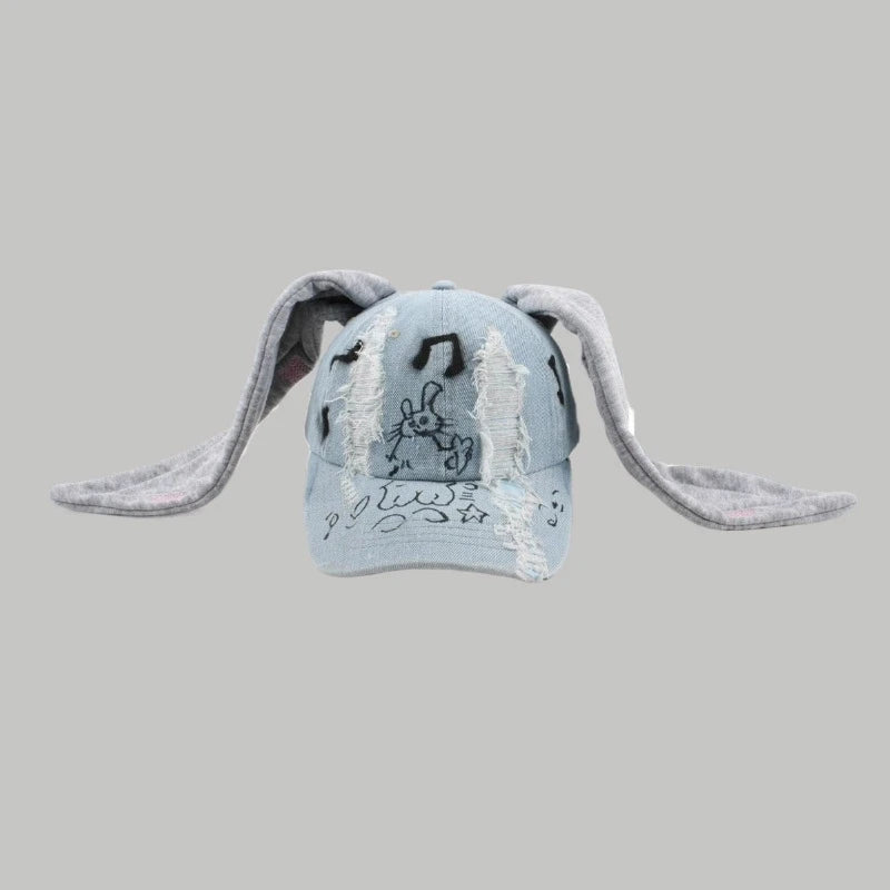 Celebrity-Inspired Niche Rabbit Ear Denim Ripped Baseball Cap Washed Graffiti Hip-Hop Sun Hat Trendy Cap