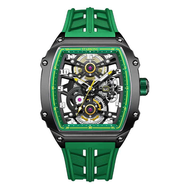 STARKING Luxury Men’s Automatic Mechanical Watch Skeleton Dial Silicone Band Tonneau Design Waterproof Luminous Sport Wristwatch