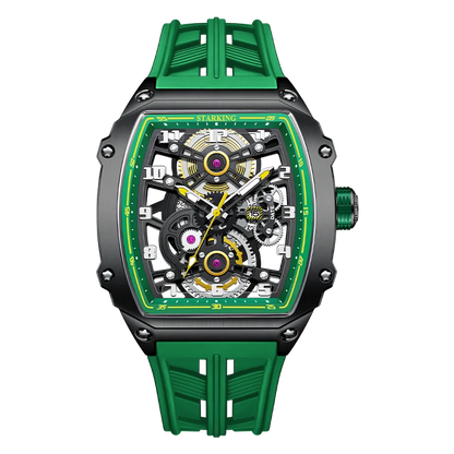 STARKING Luxury Men’s Automatic Mechanical Watch Skeleton Dial Silicone Band Tonneau Design Waterproof Luminous Sport Wristwatch