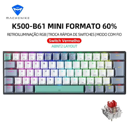 Teclado Mecânico Mini Machenike K500-B61 60% Layout ABNT2, Retroiluminação RGB, Hot-swappable, NKRO, Teclado Gaming com Fios para PC Gamer