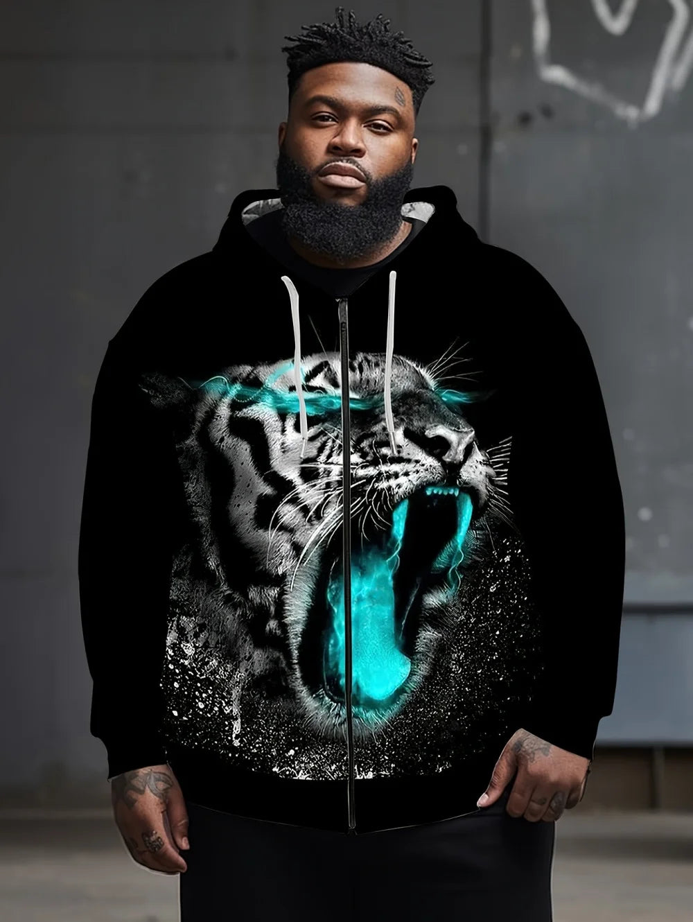 Sweatshirt com capuz e fecho para homem 2025, manga comprida, gráfico de tigre, estilo casual outdoor, com cordão e bolsos