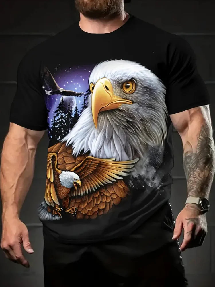 T-shirt patriótica para homem com estampado 3D de águia, gola redonda, manga curta, estilo casual, para verão, moda, atividades ao ar livre e vestuário masculino
