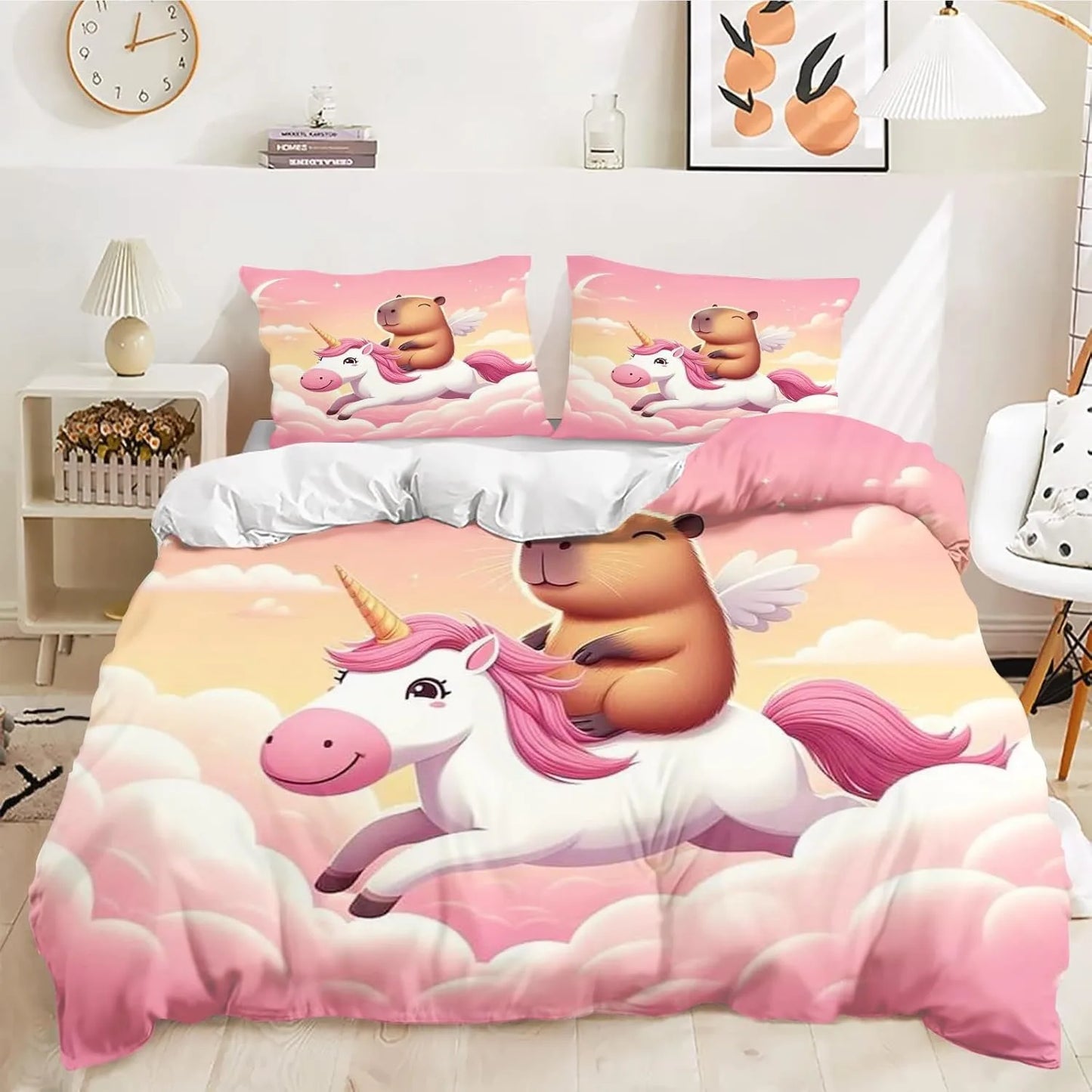 Conjunto de Capa de Edredão e Fronha com 4 Capivaras em Desenho Animado, Roupa de Cama Capivara para Adulto, Rapaz e Rapariga, Decoração de Quarto Infantil, Tamanho Individual e Duplo