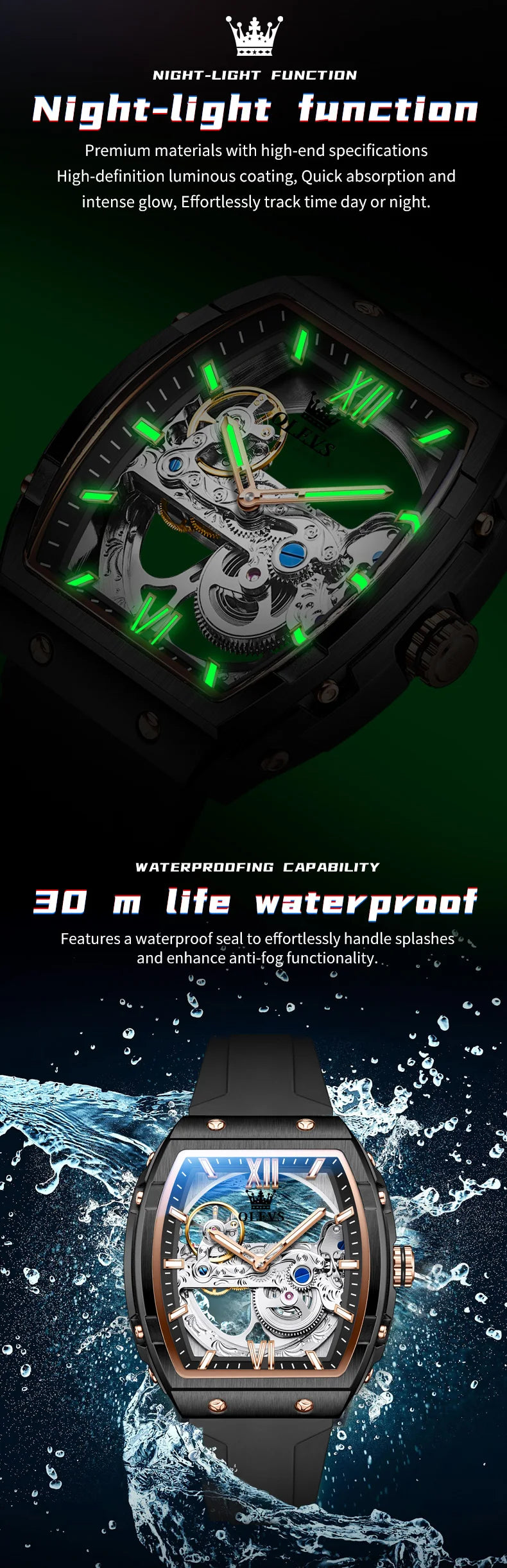 OLEVS 6779 Men's Watch Skeleton Mechanical Watch Fashion Business Sport Waterproof Luminous Silicone Strap Watches For Men