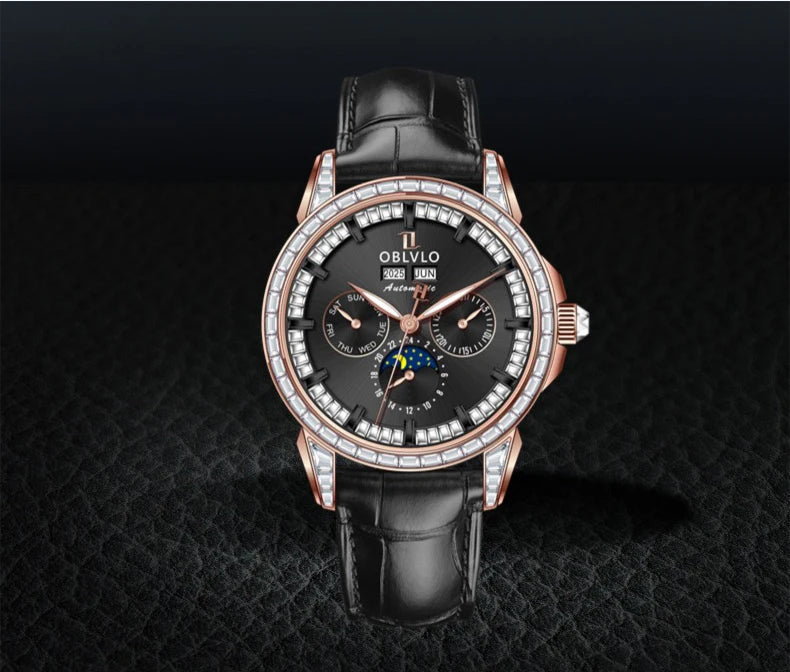 OBLVLO Men Automatic Watch 40mm Mechanical Wristwatch 5ATM Luminous Crystal Bezel Year,Month,Week,Date,24 Hours TY1655 Mov.