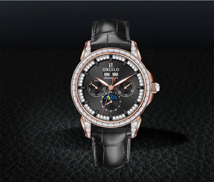 OBLVLO Men Automatic Watch 40mm Mechanical Wristwatch 5ATM Luminous Crystal Bezel Year,Month,Week,Date,24 Hours TY1655 Mov.