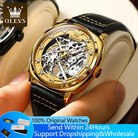 OLEVS 6651 Men's Watch Classic Automatic Mechanical Watch For Men Hollow Skeleton Clock Luxury Leather Waterproof Wrist Watches