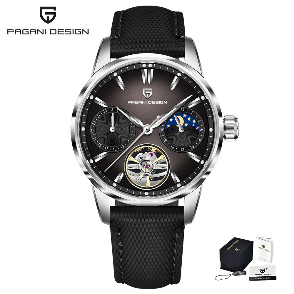 PAGANI DESIGN – Mekanisk lyxklocka för män, 41 mm, safirglas, läderarmband, vattentät, pilotstil, med tourbillon och månfas