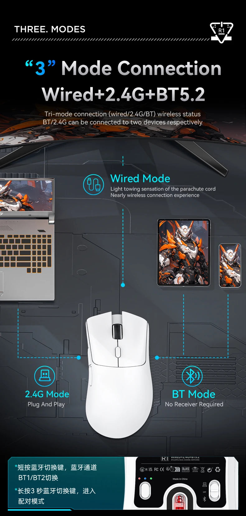 Attack Shark R1/X11 Tri-Mode Wireless Gaming Mouse 18K DPI PAW3311 Bluetooth/2.4GHz/Wired Lightweight Programmable for PC/Laptop