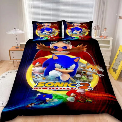 Conjunto de capa de edredão Sonic de 2/3 peças para crianças, conjunto de roupa de cama com capa de edredão para decoração de quarto, adolescentes e presentes para crianças, cama individual ou de casal