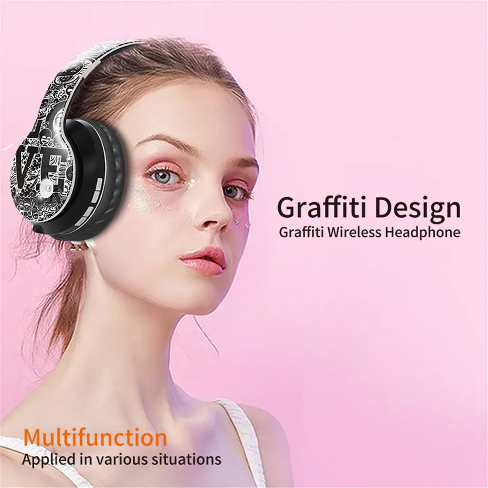 Wireless Bluetooth 5.0 Headphones Over Ear Headset Graffiti Design Foldable Headphone with Mic Hi-Fi Stereo For phone pc laptop