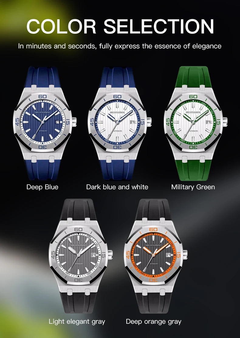 Specht&Sohne New Classic Men's Watch 50M Waterproof Luminous Sapphire Crystal Blue Automatic Mechanical Watches Reloj Hombre